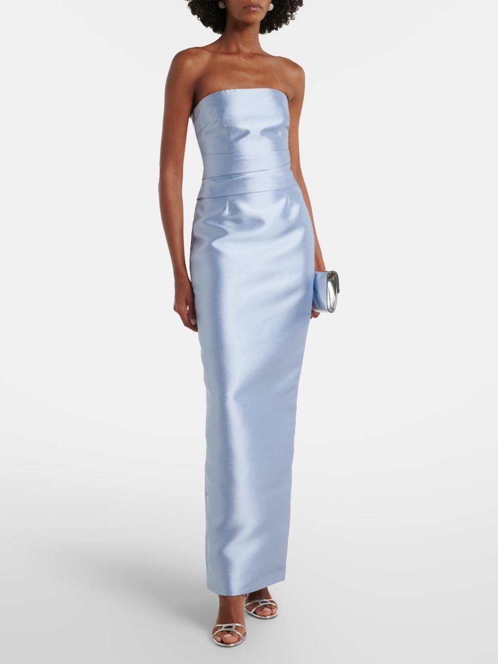 New Solace London Ingrid Strapless Light Blue draped satin evening gown